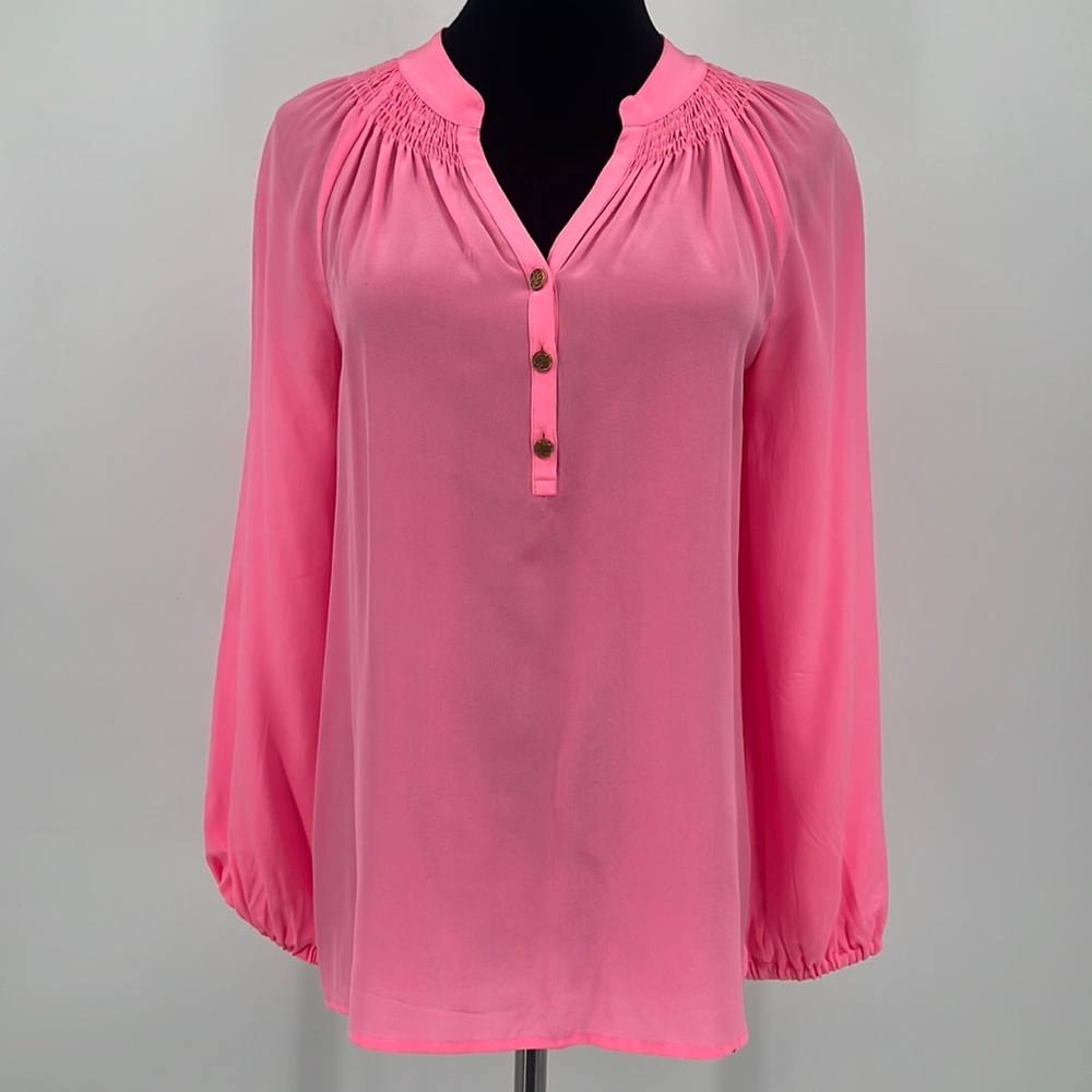 Lilly Pulitzer Aura Pink Long Sleeve Peasant Blouse Women's sz. XS